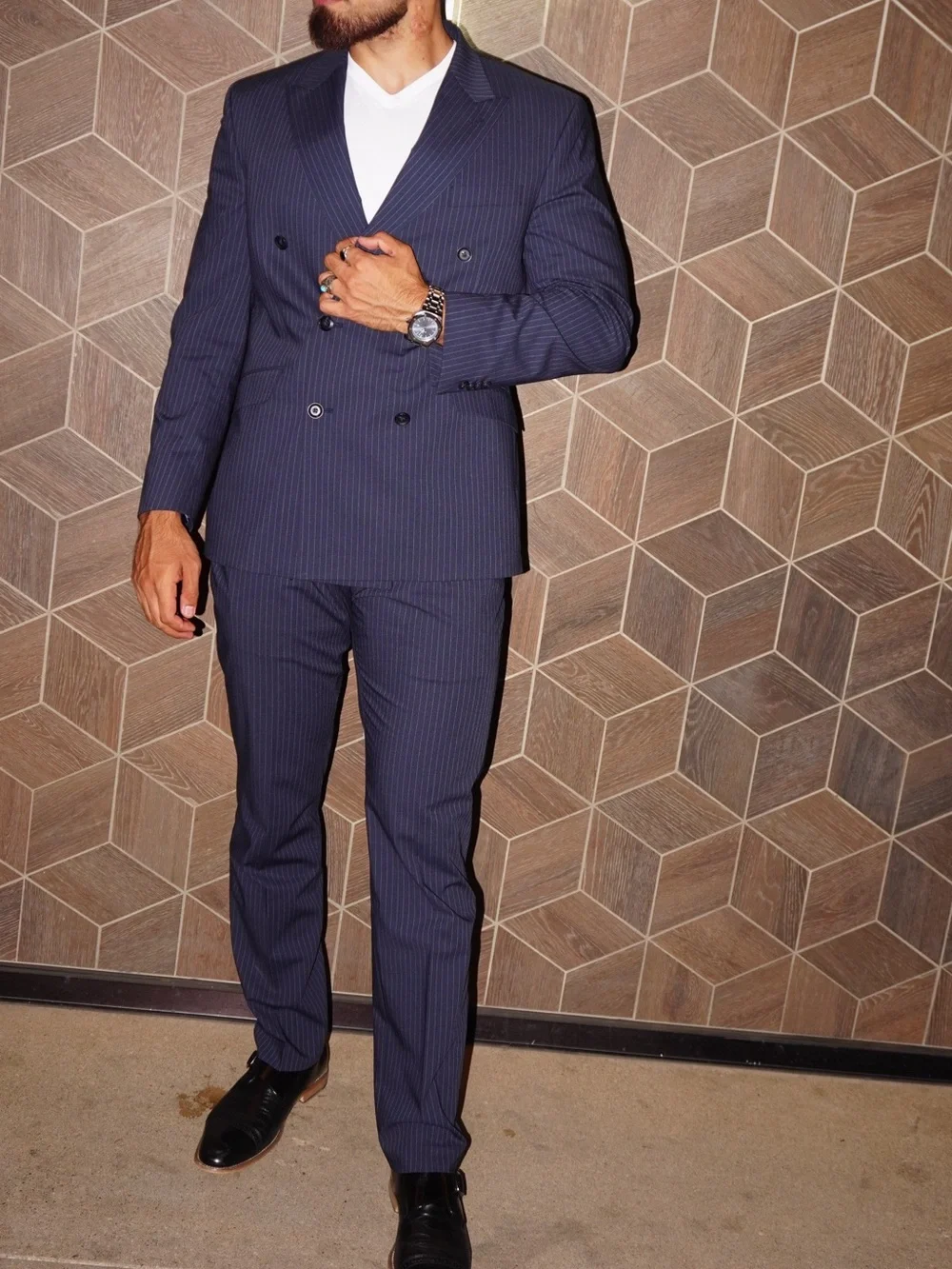 Men's Navy Pinstripe Double-Breasted Suit Jacket & Trousers